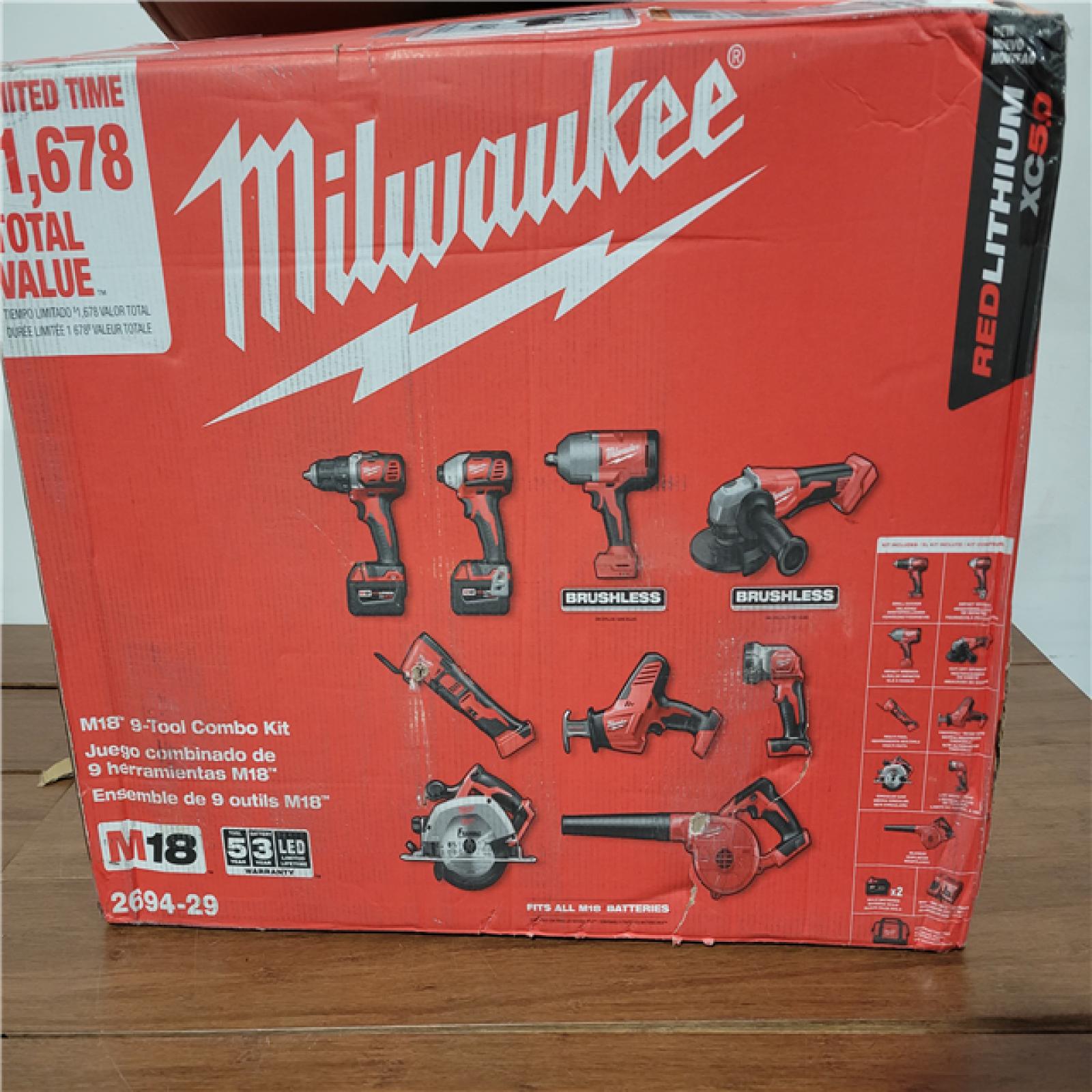 California AS-IS Milwaukee 9-Tool Combo Kit  Includes (2) Batteries  Charger & Bag; Appears in Like New Condition