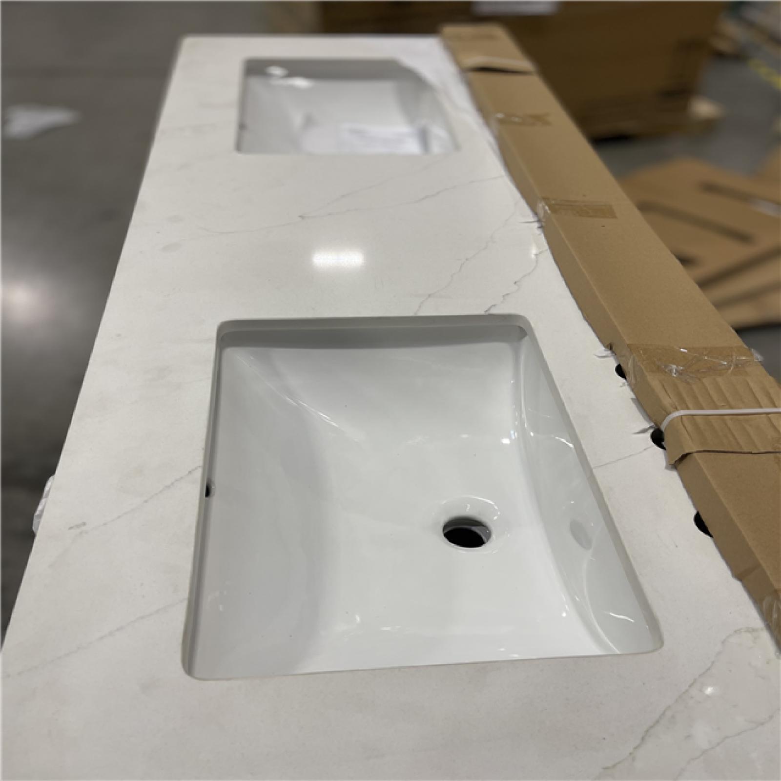 DALLAS LOCATION - Home Decorators Collection Sellan 61 in. Double Sink Dark Walnut Bath Vanity with Calacatta White Quartz Top (Assembled)