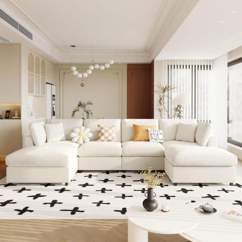 Phoenix NEW Harper & Bright Designs Convertible 128.2 in. Chenille Upholstered U-Shape Sectional Sofa in Beige with 2-Ottomans