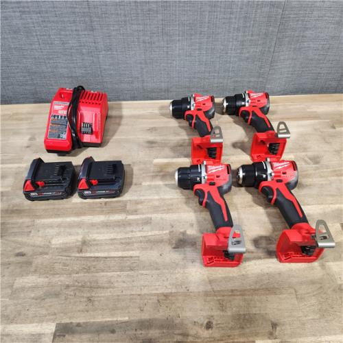 HOUSTON LOCATION - AS-IS (4) Milwaukee M18 Compact Next Gen 1/2 in. Brushless Cordless Drill/Driver Kit (2) Battery & Charger
