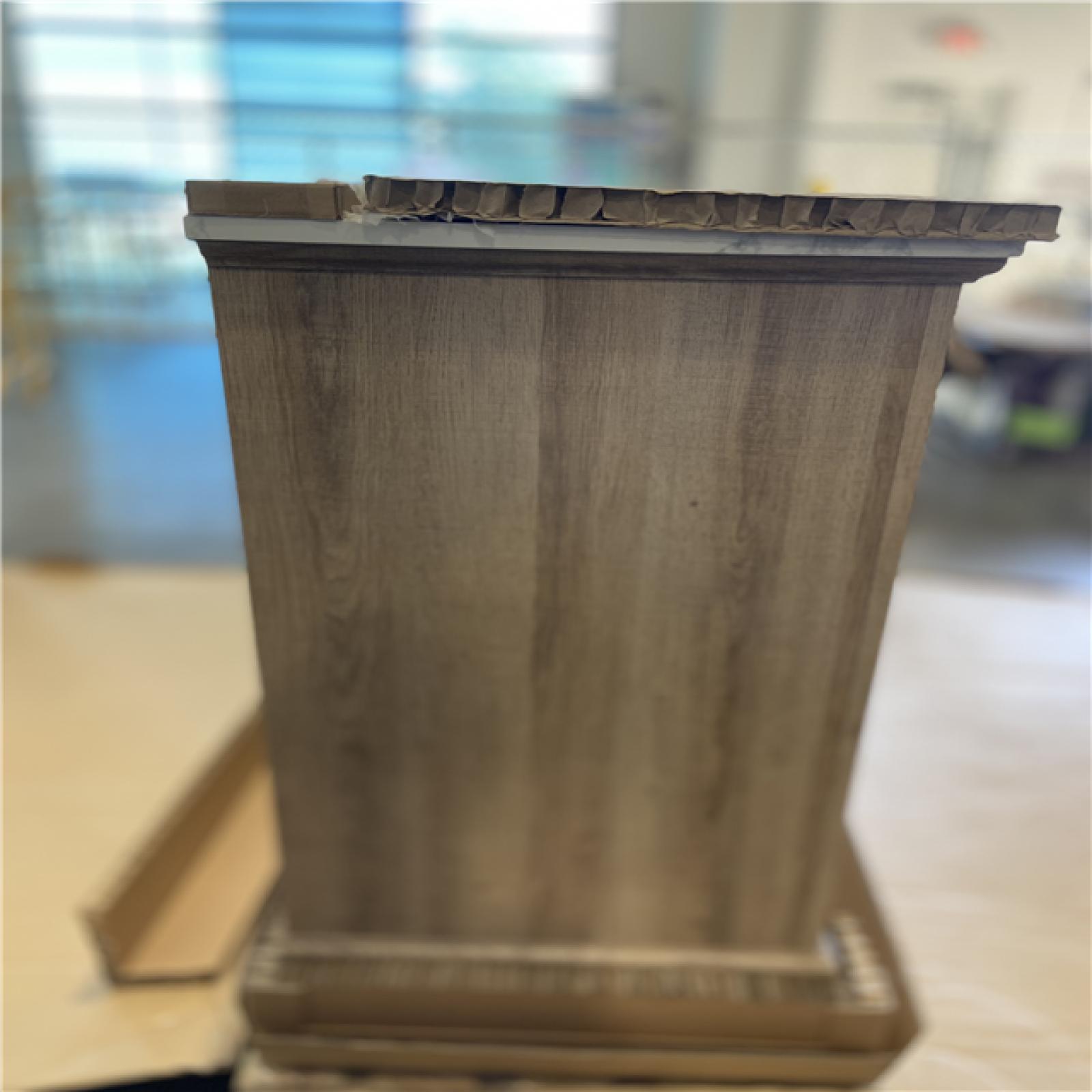 DALLAS LOCATION - Home Decorators Collection Doveton 60 in. Double Sink Freestanding Weathered Tan Bath Vanity with White Engineered Marble Top (Assembled)