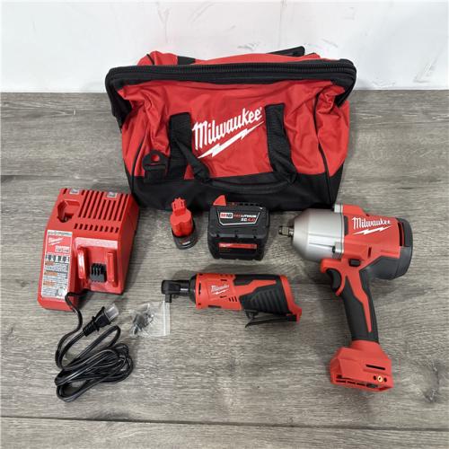 California NEW Milwaukee M18 Brushless 1/2 High Torque Impact Wrench & M12 3/8 Ratchet Kit, Includes (2) Batteries, Charger & Bag