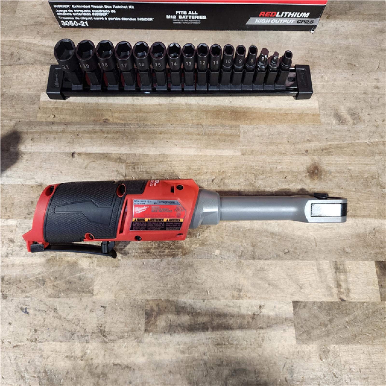 HOUSTON LOCATION - AS-IS MILWAUKEE M12 FUEL INSIDER 12V Lithium-Ion Brushless Cordless 1/4 in. - 3/8 in. Extended Reach Box Ratchet Kit W/ Battery  Charger