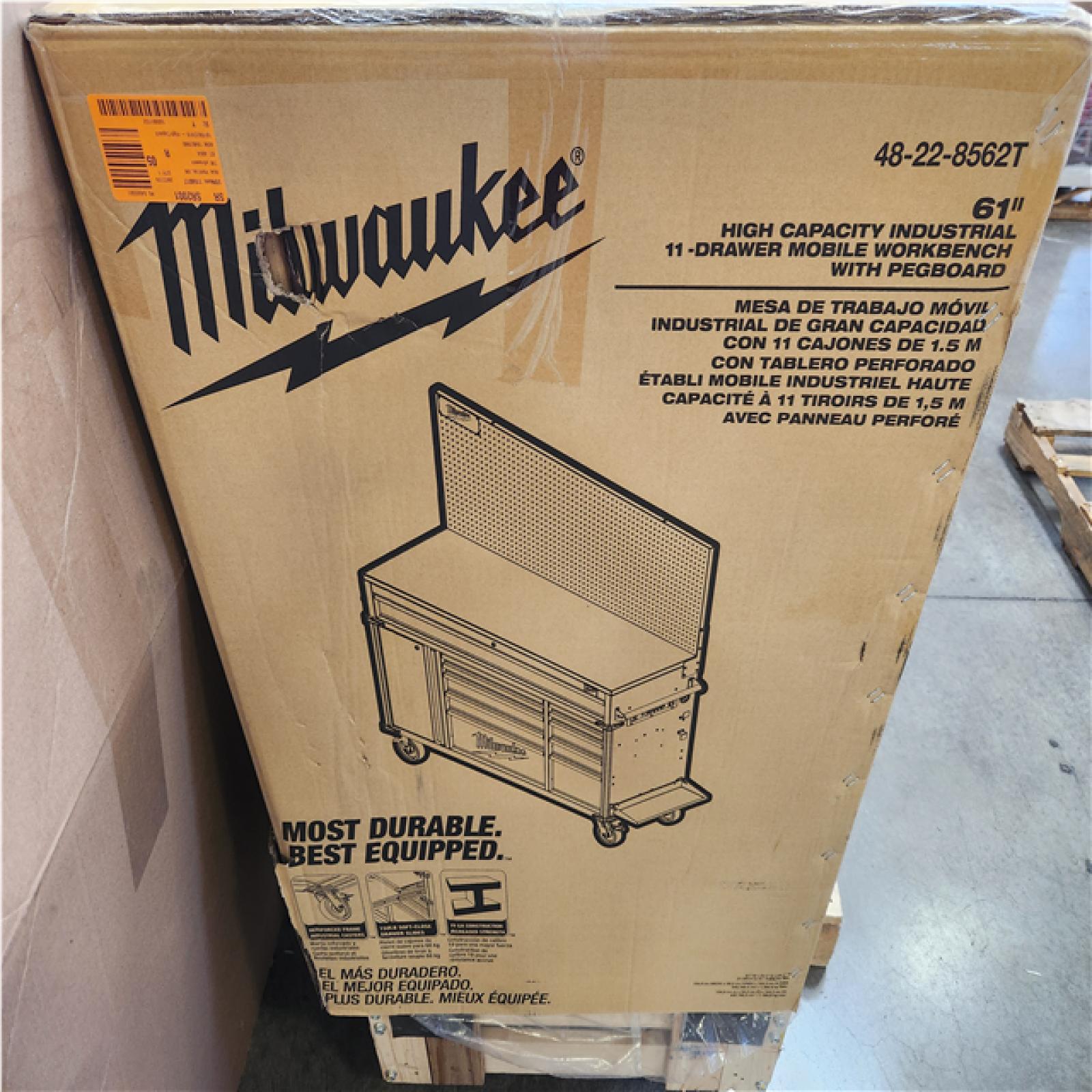 Phoenix NEW Milwaukee High Capacity 61 in. W x 22.1 in D 11-Drawer Mobile Workbench Cabinet with Solid Wood Top and Pegboard