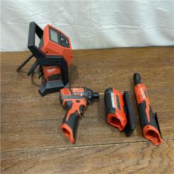 AS-IS M12 Cordless Power Tool Combo Kit, 4-Tool Set, 12V Lithium-Ion, 2.0Ah Batteries, Charger, Tool Bag