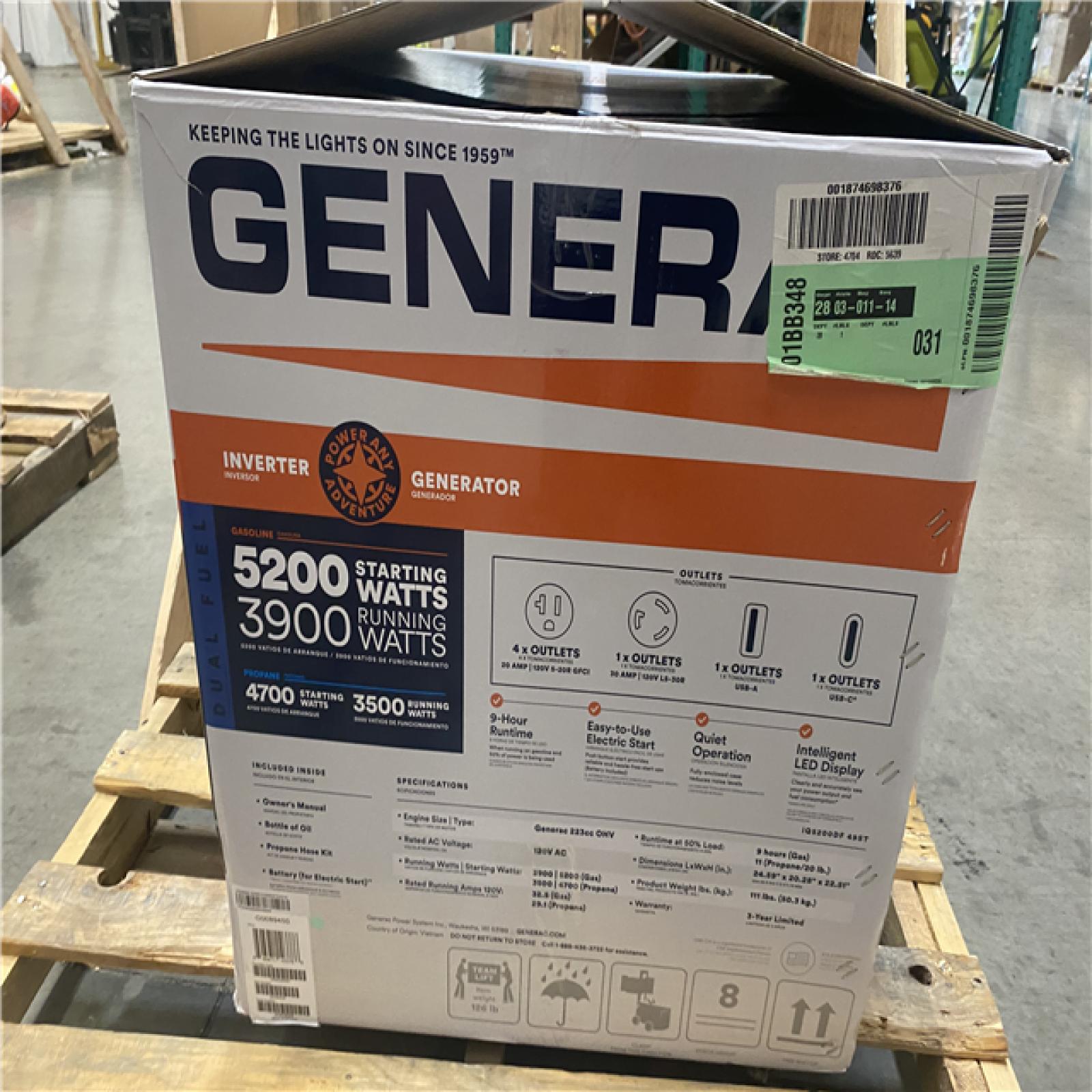Dallas Location - As-Is Generac 5200/3900-Watt Dual Fuel Inverter Generator