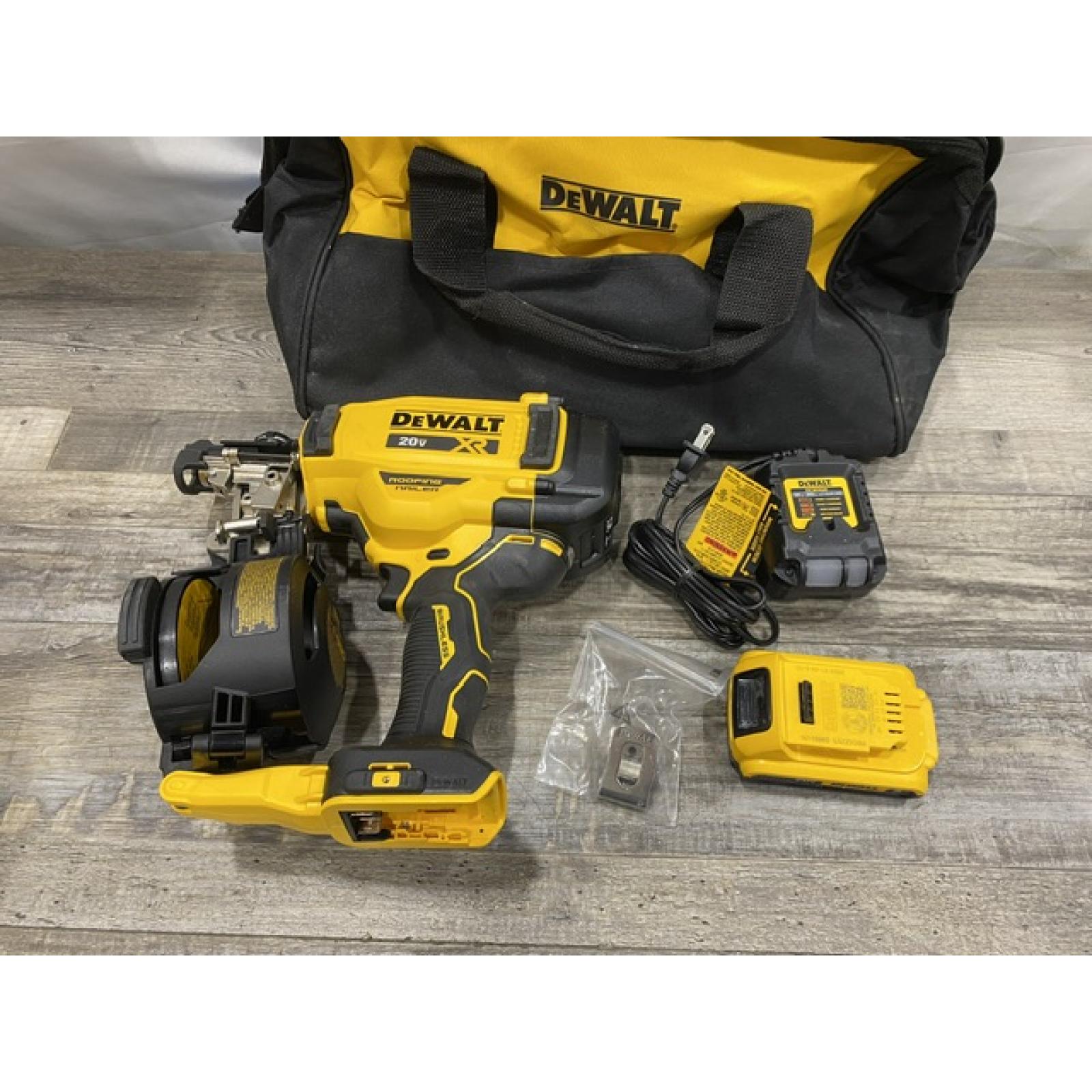 AS-IS DEWALT 20V MAX Lithium-Ion 15-Degree Electric Cordless Roofing Nailer Kit