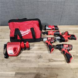 HOUSTON LOCATION - AS-IS MILWAUKEE M12 12V Lithium-Ion Cordless Combo Kit (5-Tool) with Two 1.5Ah Batteries, Charger & Tool Bag
