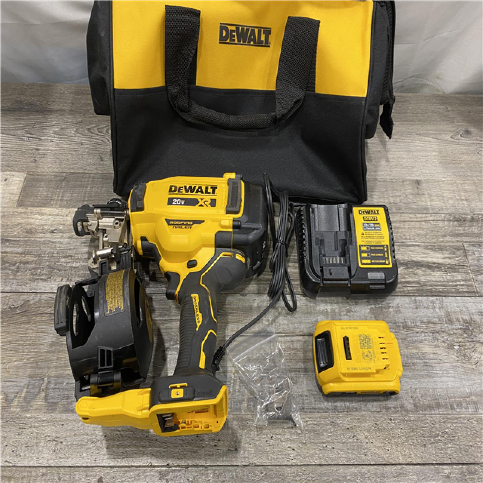 AS-IS DEWALT 20V MAX Lithium-Ion 15-Degree Electric Cordless Roofing Nailer Kit