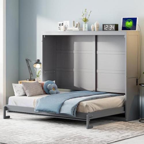 Phoenix NEW Harper & Bright Designs Gray Wood Frame Queen Size Murphy Bed with USB Ports and Power Outlets