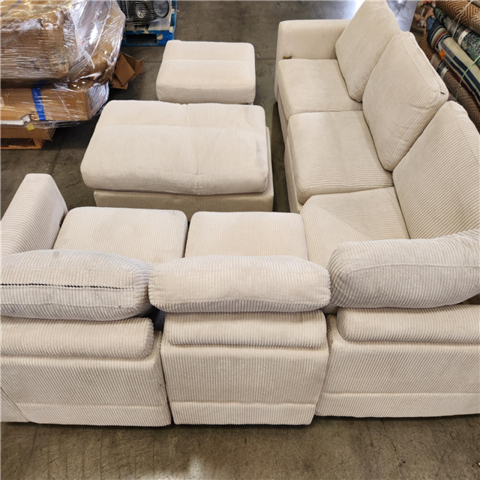 Phoenix AS-IS JEAREY 5-Piece Modern Straight Arm Corduroy Fabric L-Shaped Sectional Sofa with Ottoman in White