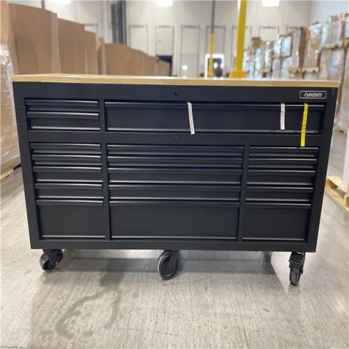 DALLAS LOCATION- AS-IS- HUSKY 72IN. 18 DRAWER MOBILE WORKBENCH WITH ADJUSTABLE HEIGHT TOP