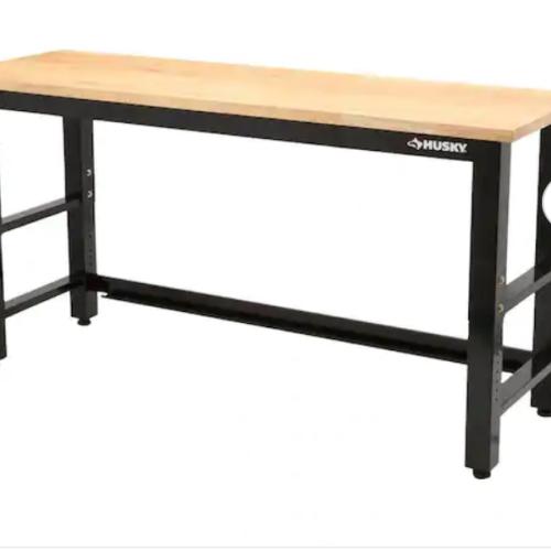 DALLAS LOCATION - NEW! Husky 6 ft. Adjustable Height Solid Wood Top Workbench in Black for Ready to Assemble Steel Garage Storage System