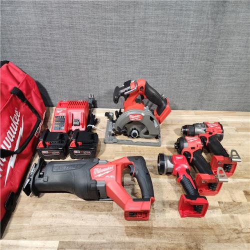 HOUSTON LOCATION - AS-IS (APPEARS LIKE NEW) Milwaukee M18 FUEL 18V Lithium-Ion Brushless Cordless 5-Tool Combo Kit with Two 5.0 Ah Batteries  1 Charger 1 Tool Bag