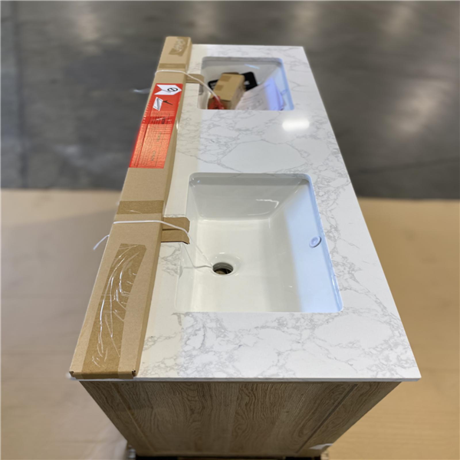 DALLAS LOCATION - Glacier Bay Tobana 60 in. Double Sink Weathered Tan Bath Vanity with White Engineered Marble Top (Assembled)