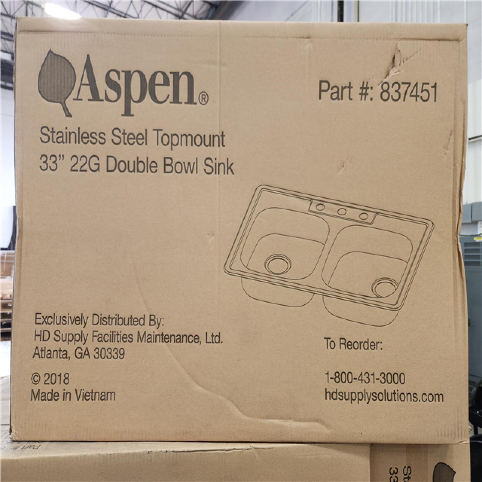 Phoenix Location NEW Aspen Stainless Steel Top mount 33 22G Double Bowl Sink Pallet (14 Sinks)