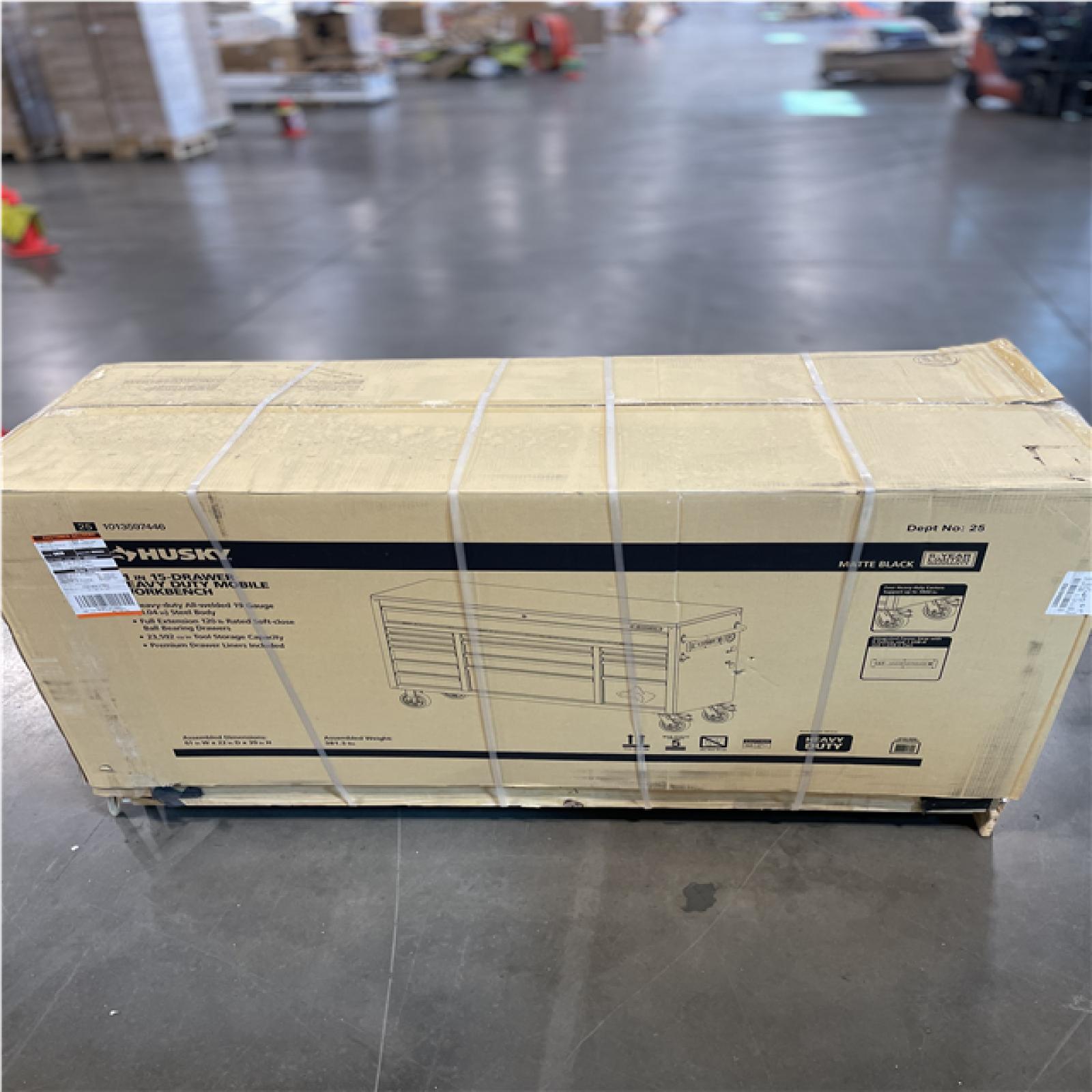 DALLAS LOCATION- AS-IS HUSKY Heavy Duty 61 in. W x 22 in. D 15-Drawer MOBILE WORKBENCH MATTE BLACK/WOODTOP