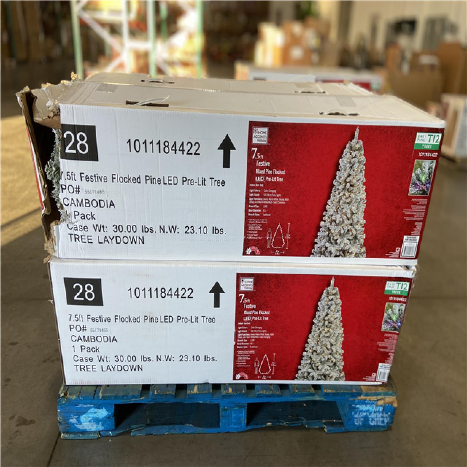 DALLAS LOCATION - Home Accents Holiday 7.5 ft. Festive Mixed Pine Flocked LED Pre-Lit Artificial Christmas Tree T12 - 6 UNITS