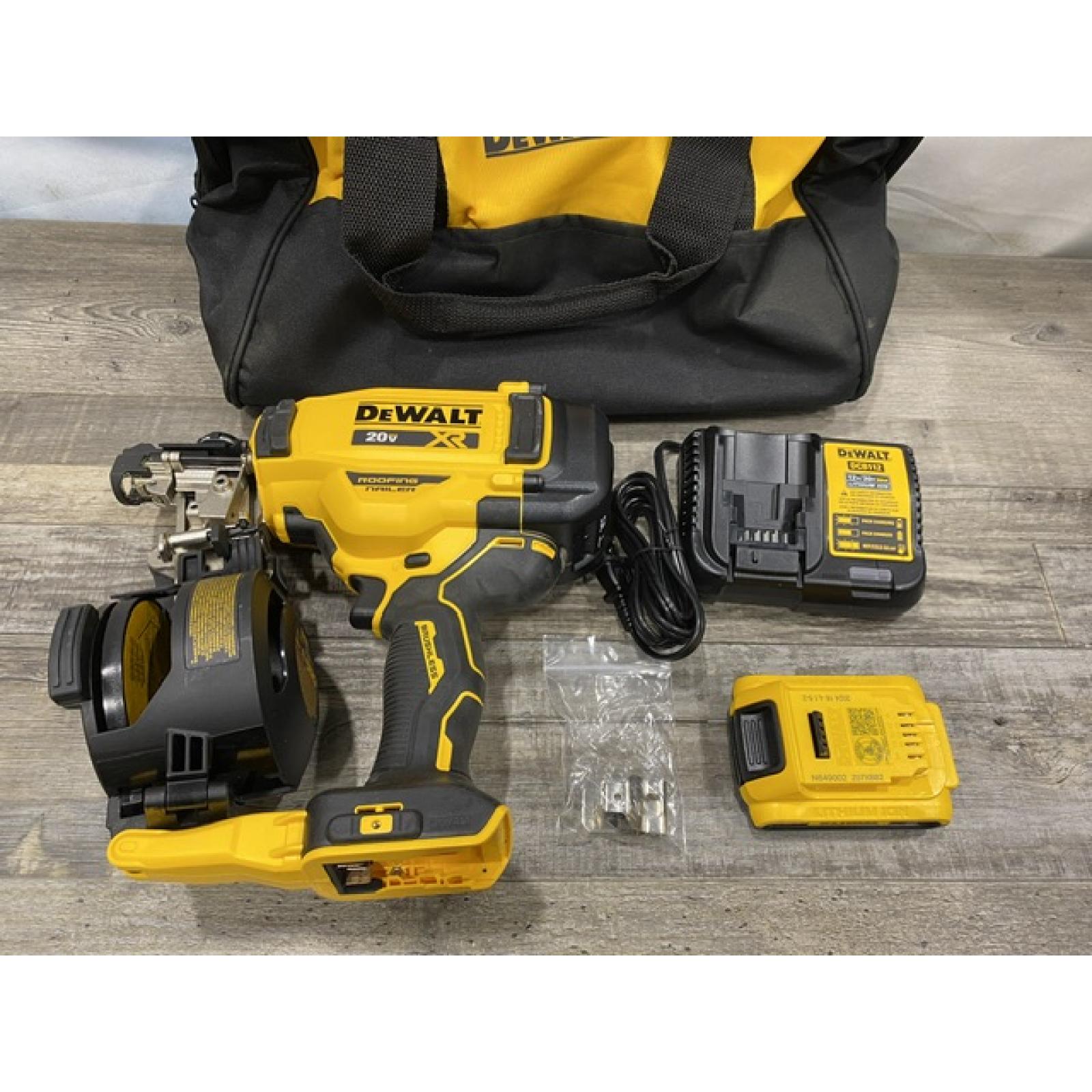 AS-IS DEWALT 20V MAX Lithium-Ion 15-Degree Electric Cordless Roofing Nailer Kit