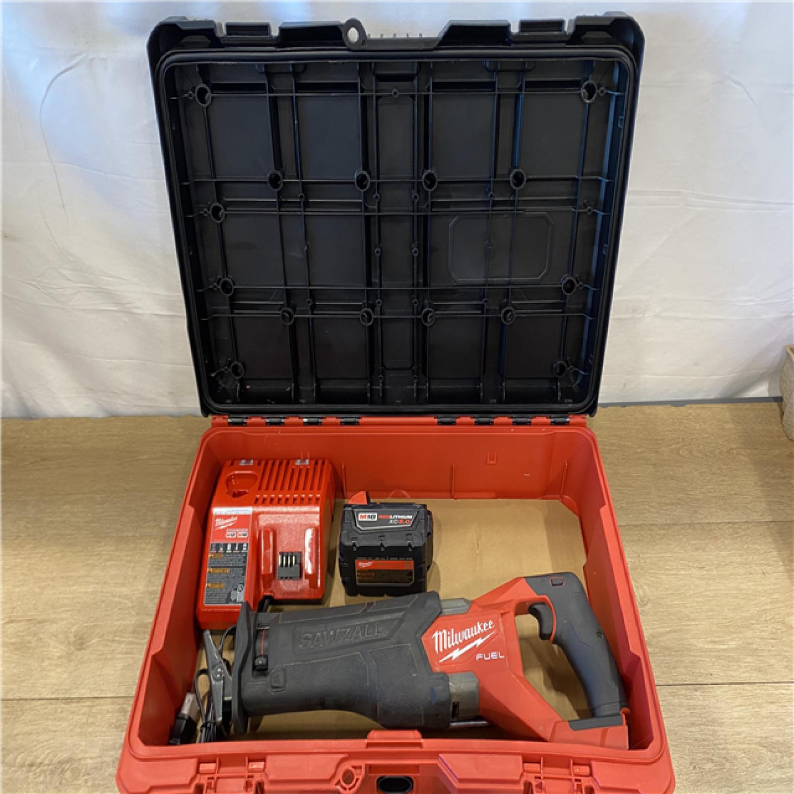 AS-IS MILWAUKEE M18 FUEL18V Lithium-Ion Brushless Cordless SAWZALL Reciprocating Saw with PACKOUT Tool-Box  (1) 5.0 Battery  and Charger