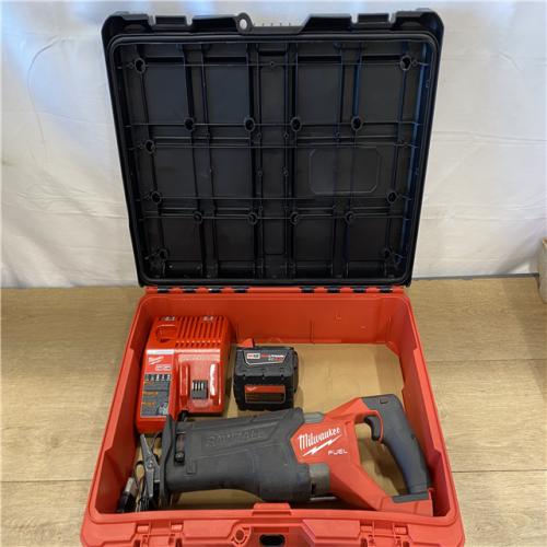 AS-IS MILWAUKEE M18 FUEL18V Lithium-Ion Brushless Cordless SAWZALL Reciprocating Saw with PACKOUT Tool-Box  (1) 5.0 Battery  and Charger