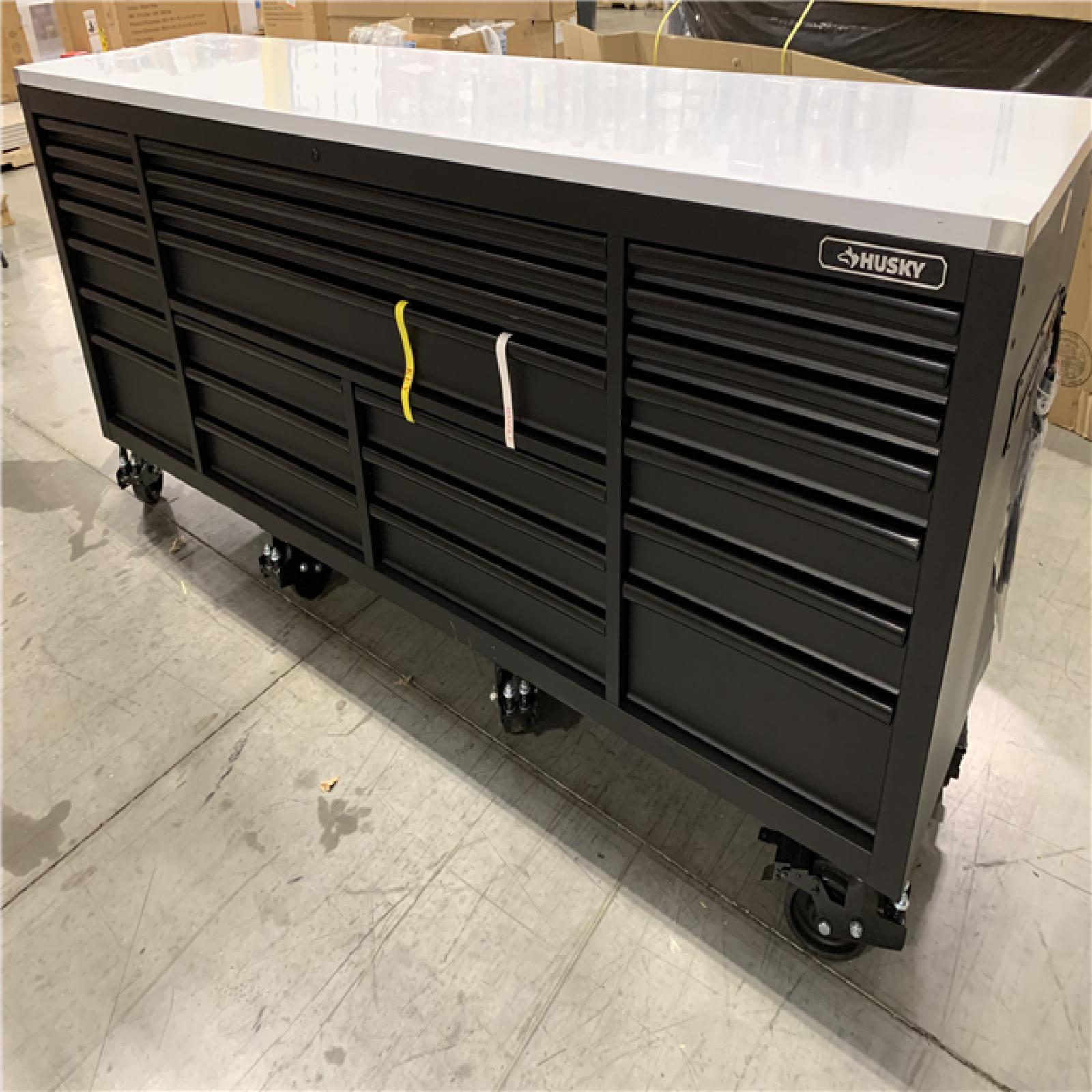 DALLAS LOCATION- Husky Tool Storage Heavy Duty 96 in. W x 24 in. D Matte Black Mobile Workbench Cabinet with Stainless Steel Top