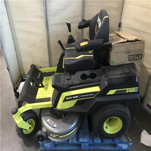California AS-IS Ryobi 80V Brushless 42 In. Battery Electric Riding Lawn Mower W/ 2 80V batteries and 2 12AH Batteries