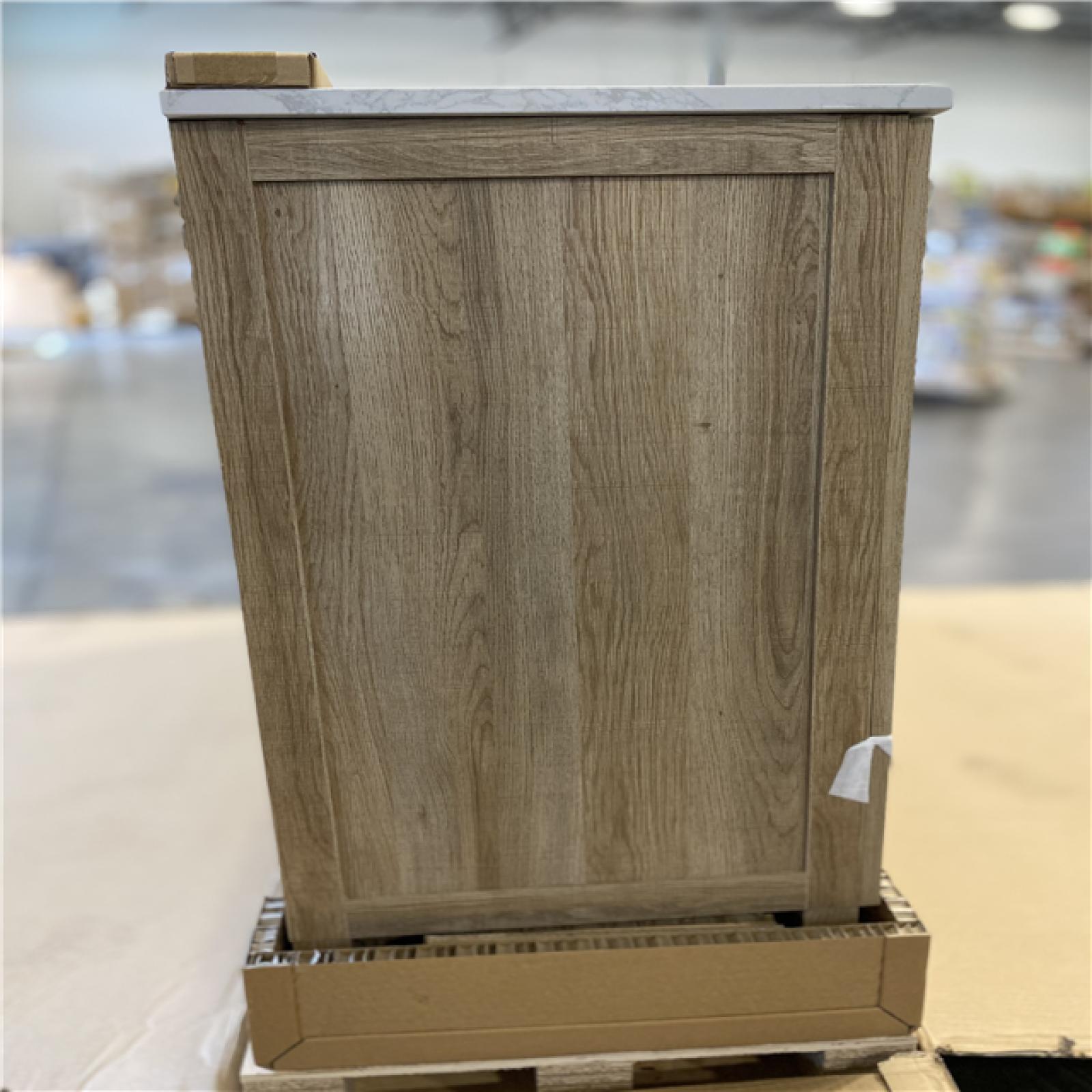 DALLAS LOCATION - Glacier Bay Tobana 60 in. Double Sink Weathered Tan Bath Vanity with White Engineered Marble Top (Assembled)