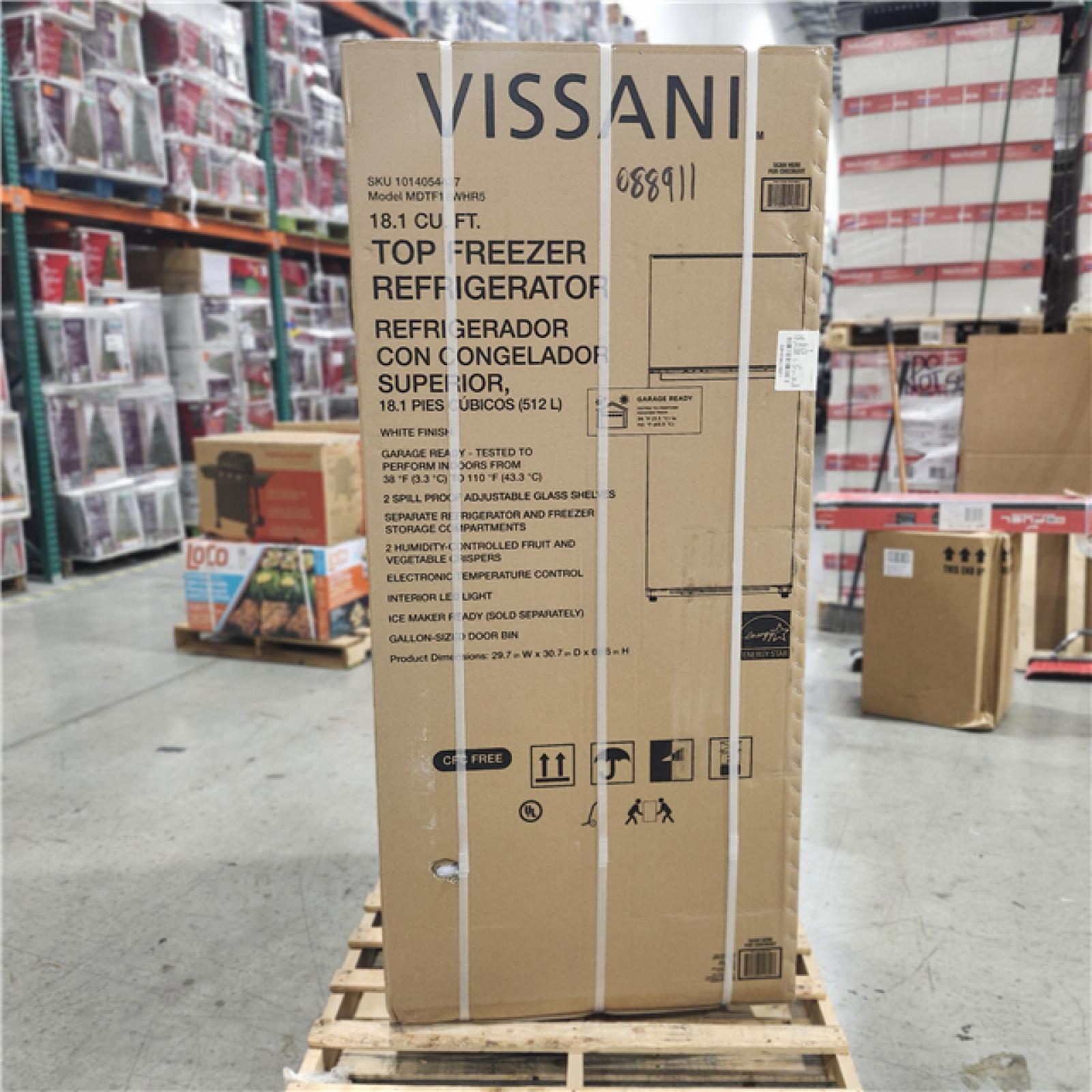 DALLAS LOCATION - Vissani 18.1 cu. ft. Top Freezer Refrigerator with Adjustable Glass Shelving in White  Garage Ready