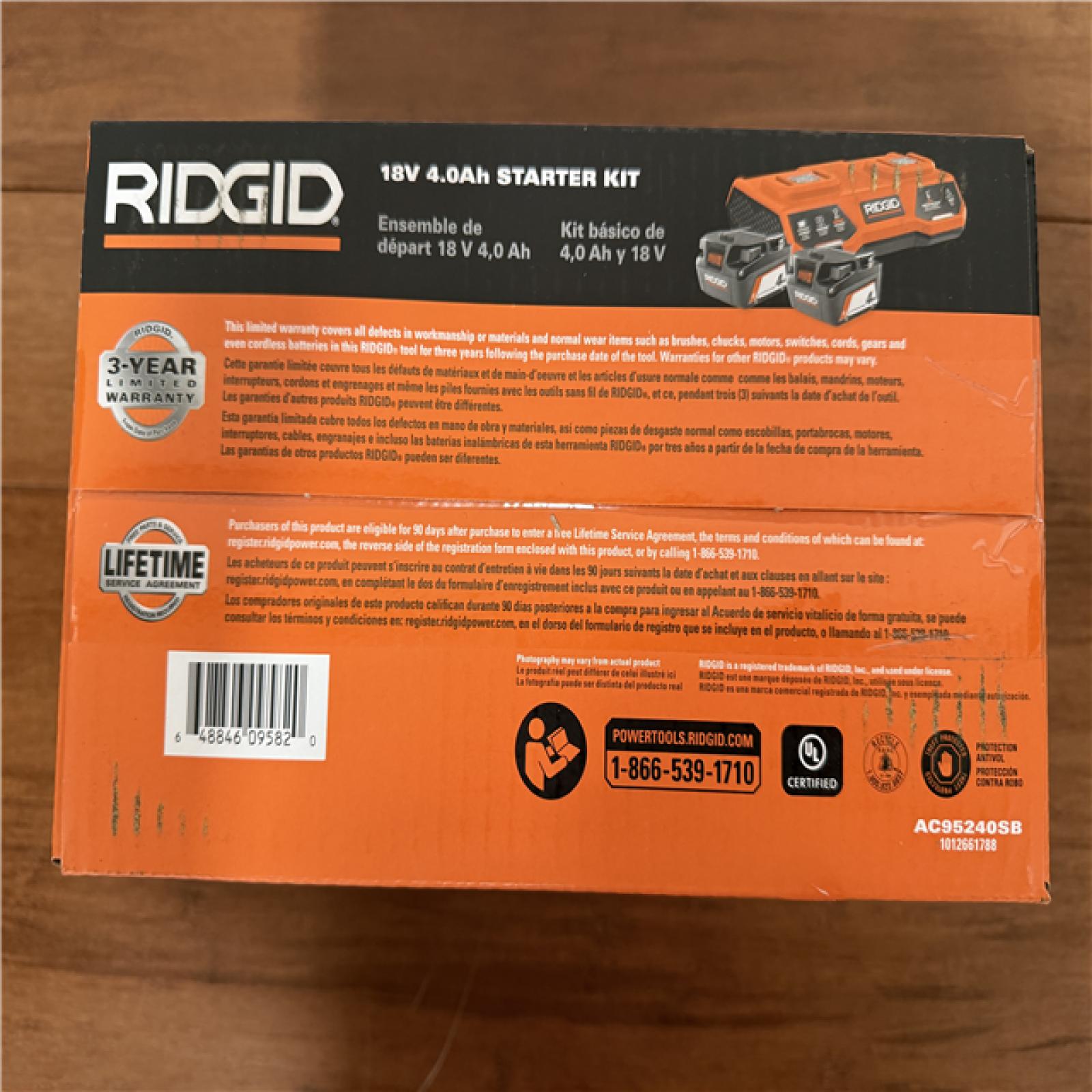 California NEW/Sealed Box Ridgid 18V 4.0 Ah Starter kit, includes (2) Batteries & Charger