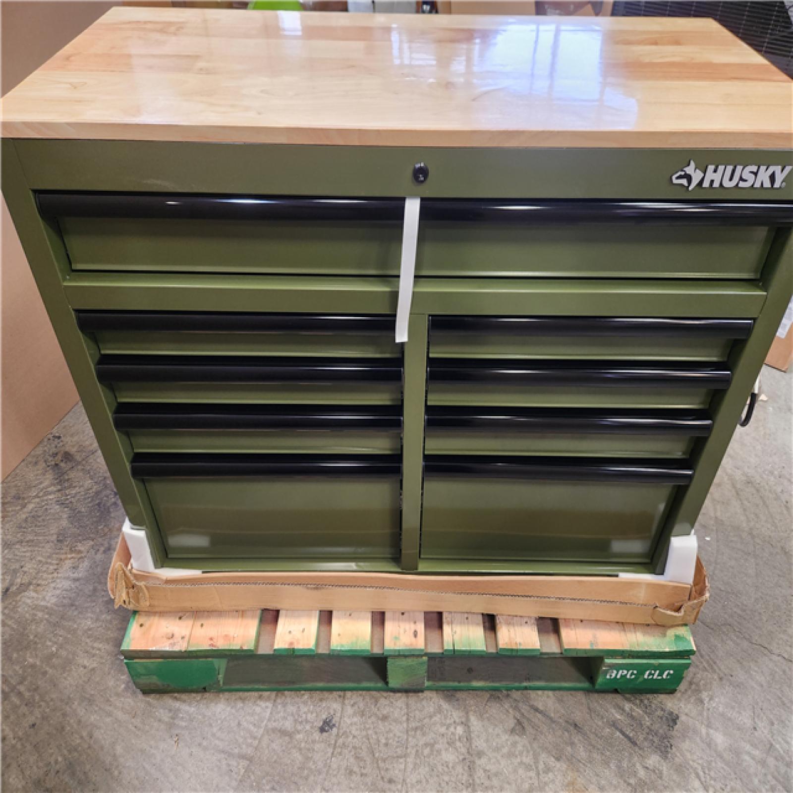 Phoenix Husky 46 in. W x 18.1 in. D 9-Drawer Army Green Mobile Workbench Cabinet with Solid Wood Top