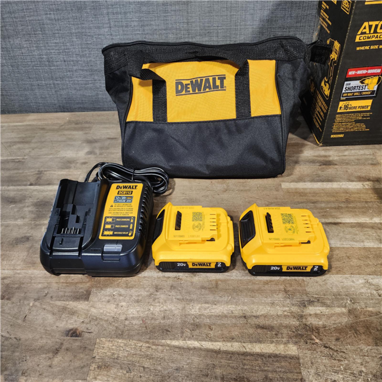 HOUSTON LOCATION - AS-IS Dewalt DCK225D2 20V MAX ATOMIC Brushless Compact Lithium-Ion 1/2 in. Cordless Drill Driver and 1/4 in. Impact Driver Combo Kit with 2 Batteries 2 Ah