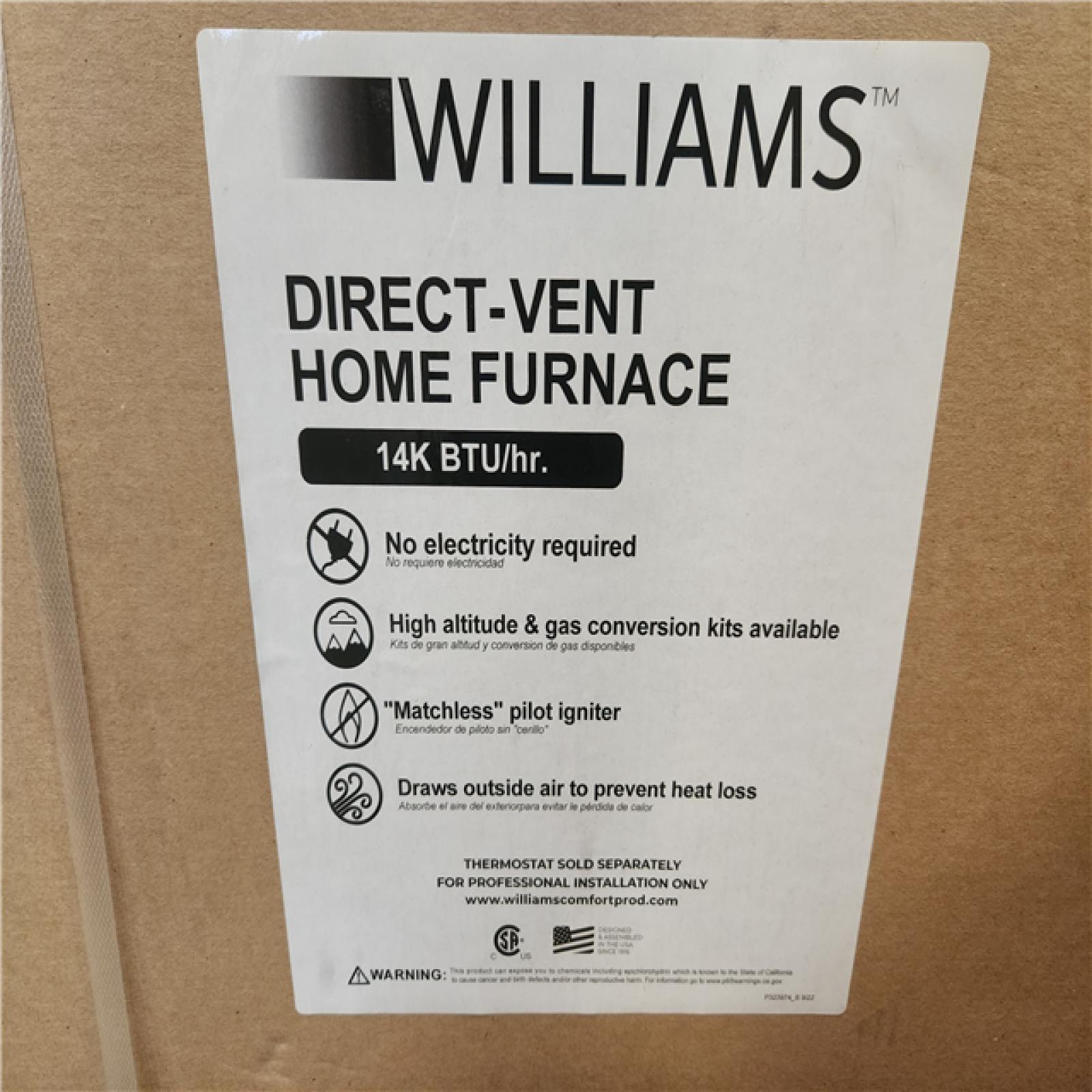Phoenix NEW Williams Direct-Vent Gravity Wall Heater 14 000 BTUH  65% AFUE  Natural Gas Furnace