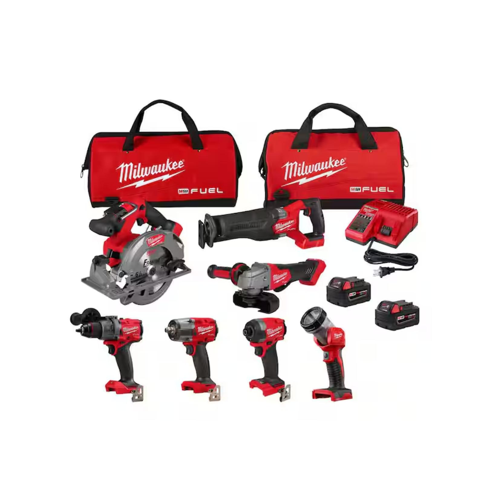 NEW! - Milwaukee M18 FUEL 18V Lithium-Ion Brushless Cordless Combo Kit with Two 5.0 Ah Batteries  1 Charger  2 Tool Bags (7-Tool)
