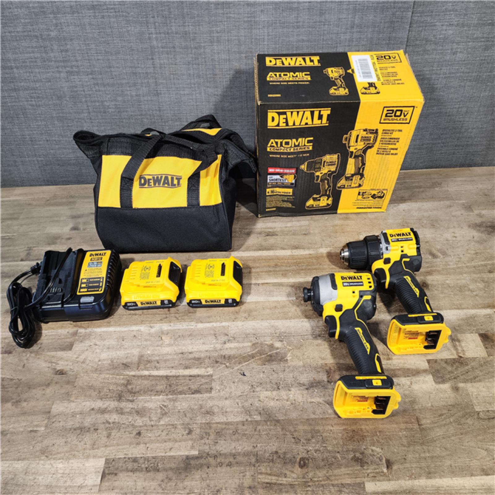 HOUSTON LOCATION - AS-IS Dewalt DCK225D2 20V MAX ATOMIC Brushless Compact Lithium-Ion 1/2 in. Cordless Drill Driver and 1/4 in. Impact Driver Combo Kit with 2 Batteries 2 Ah