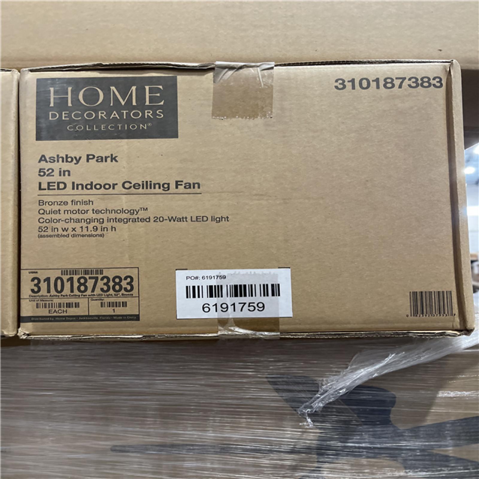 DALLAS LOCATION- NEW!- HOME DECORATORS COLLECTION ASHBY PARK 52 IN. LED CEILING FAN PALLET (15 UNITS)