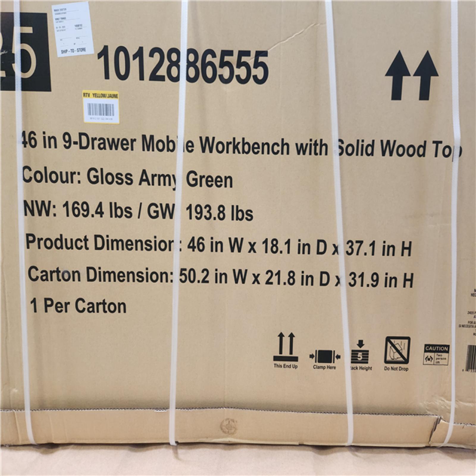 Phoenix NEW Husky 46 in. W x 18.1 in. D 9-Drawer Army Green Mobile Workbench Cabinet with Solid Wood Top