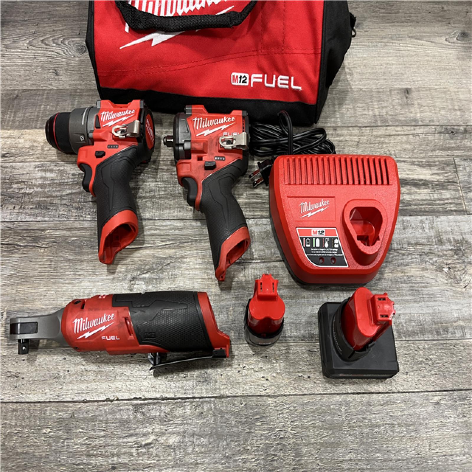 AS-IS Milwaukee FUEL 12V Lithium-Ion Cordless Drill Driver  Impact Wrench  and Ratchet Combo Kit