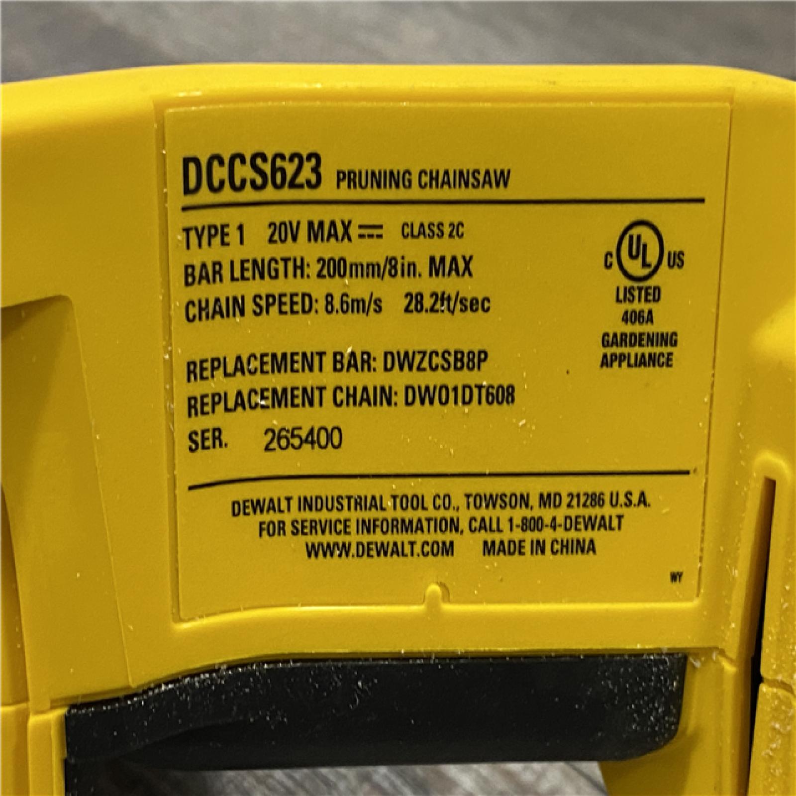 AS-IS DEWALT 20V MAX 8 in. Brushless Cordless Battery Powered Pruning Chainsaw (Tool Only)