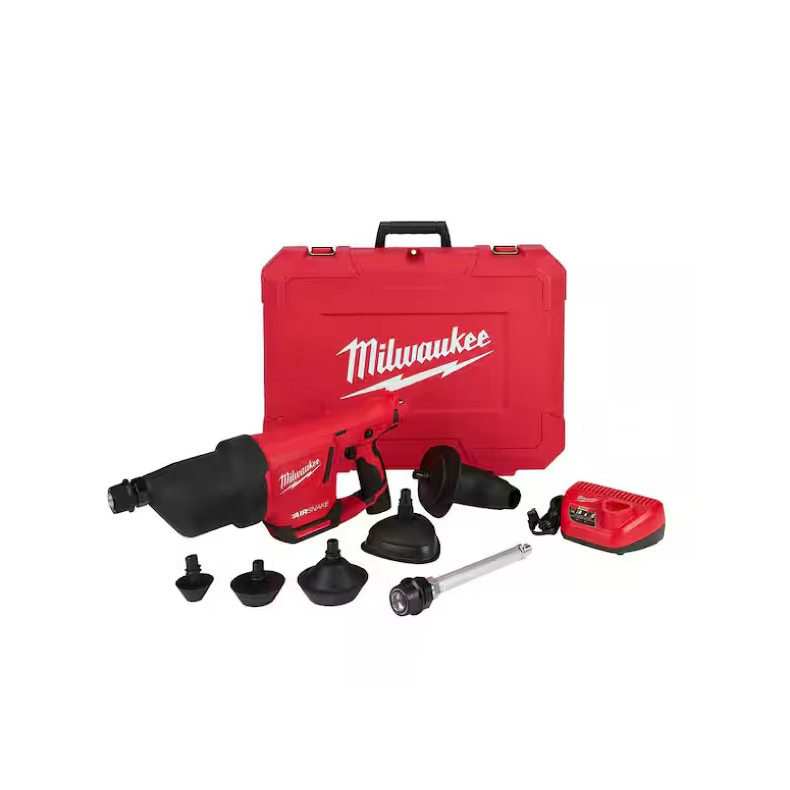 NEW! - Milwaukee M12 12-Volt Lithium-Ion Cordless Drain Cleaning Airsnake Air Gun Kit with (1) 2.0Ah Battery  Toilet Attachments