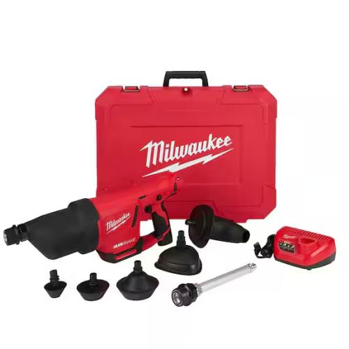 NEW! - Milwaukee M12 12-Volt Lithium-Ion Cordless Drain Cleaning Airsnake Air Gun Kit with (1) 2.0Ah Battery  Toilet Attachments