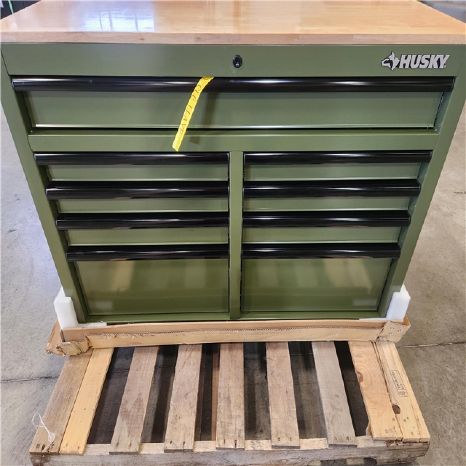 Phoenix Husky 46 in. W x 18.1 in. D 9-Drawer Army Green Mobile Workbench Cabinet with Solid Wood Top