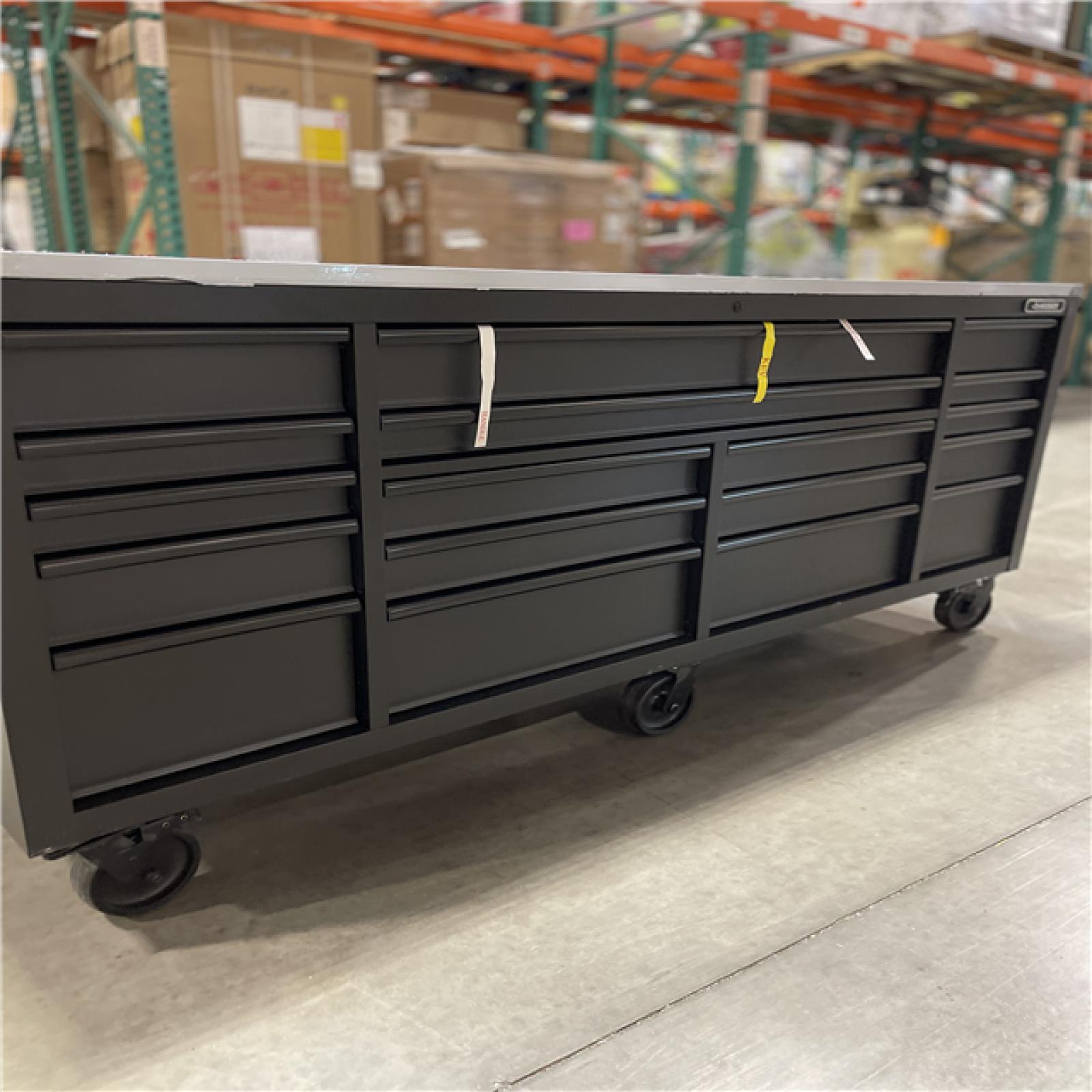 DALLAS LOCATION- AS-IS HUSKY 84 in. W x 24 in. D 18-Drawer Heavy-Duty Mobile Workbench with Stainless Steel Top in Matte Black