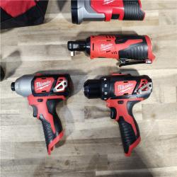 HOUSTON LOCATION - AS-IS (APPEARS LIKE NEW) MILWAUKEE M12 12V Lithium-Ion Cordless Combo Kit (5-Tool) with Two 1.5Ah Batteries, Charger & Tool Bag