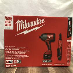 NEW-Milwaukee 12/18V Lithium-Ion Cordless 3/8 in. Ratchet and 1/2 in. High Torque Impact Wrench with Friction Ring Combo Kit