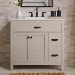 Phoenix Home Decorators Collection Stanhope 37 in. Single Sink Even Better Beige Bath Vanity with Carrara White Engineered Stone Top (Assembled) (Cracked Marble)
