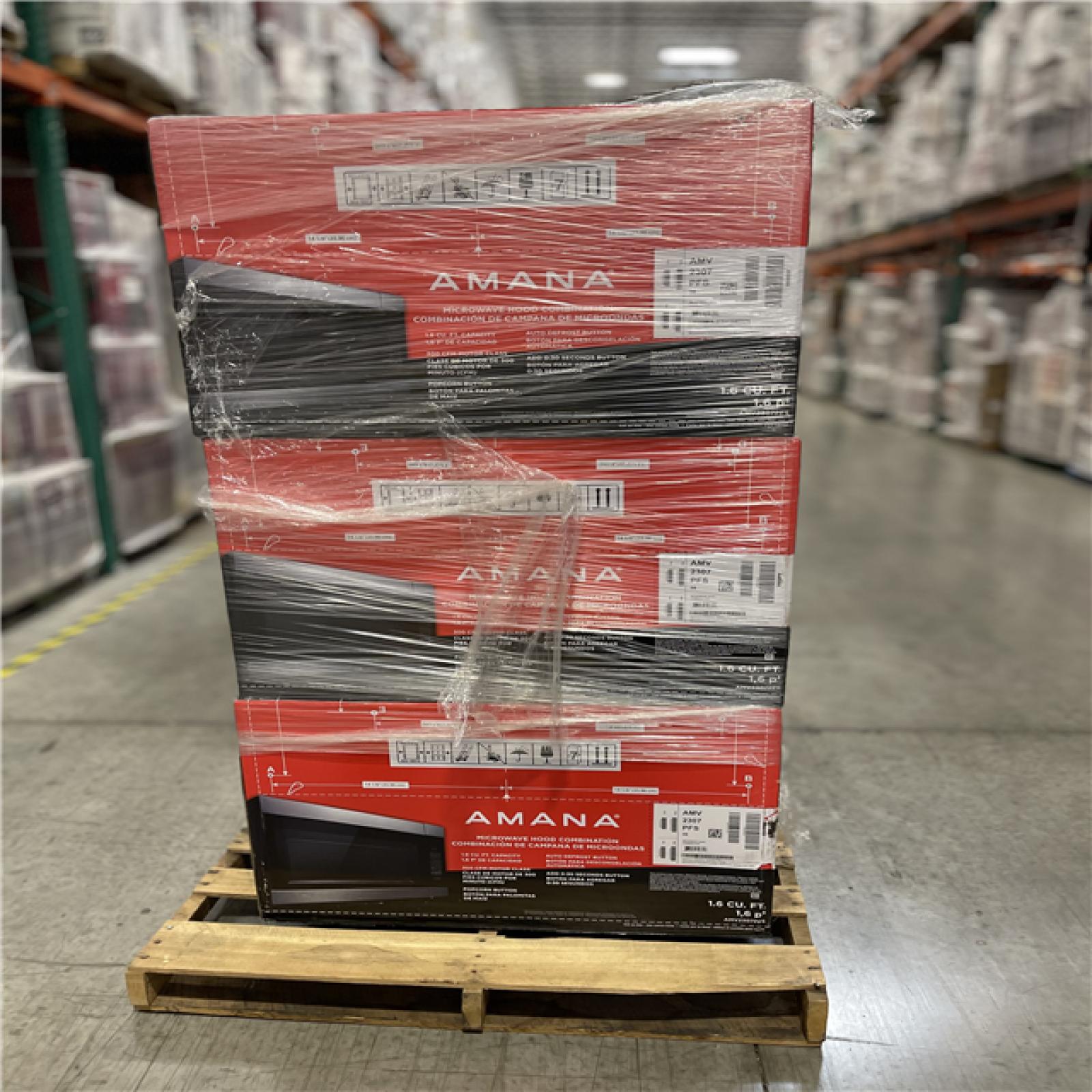 DALLAS LOCATION- NEW!- Amana 1.6 cu. ft. Stainless Steel Electric 1000-Watt Over the Range Microwave 300 Exhaust CFM PALLET (6 UNITS)