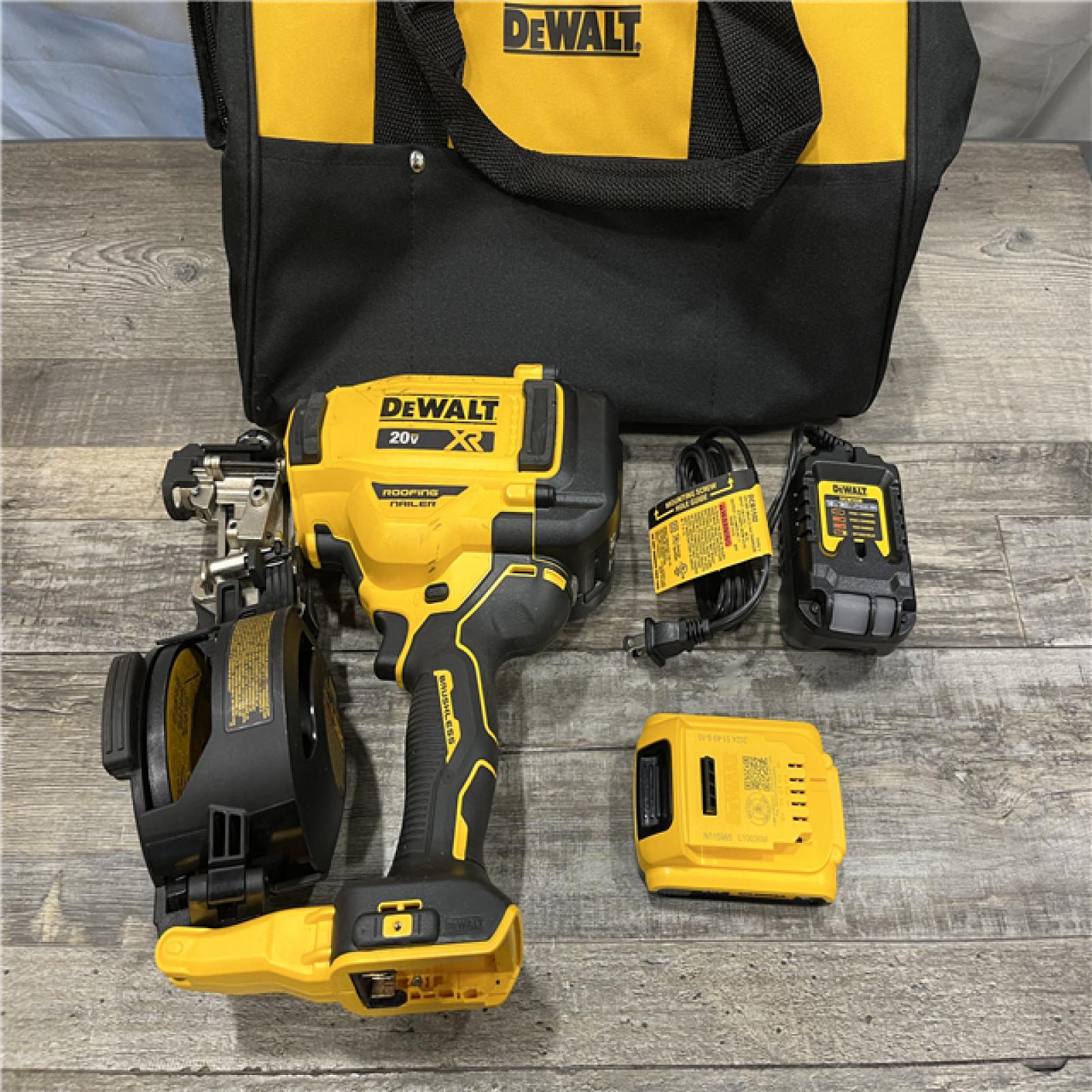 AS-IS DEWALT 20V MAX Lithium-Ion 15-Degree Electric Cordless Roofing Nailer Kit