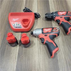 AS-IS Milwaukee 2494-22 M12 Cordless Combination 3/8  Drill / Driver and 1/4  Hex Impact Driver Dual Power Tool Kit (2 Lithium Ion Batteries  Charger  and B