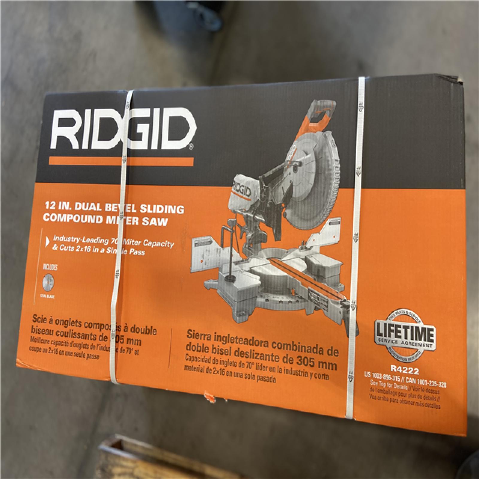 DALLAS LOCATION -RIDGID 15 Amp Corded 12 in. Dual Bevel Sliding Miter Saw with 70 Deg. Miter Capacity and LED Cut Line Indicator